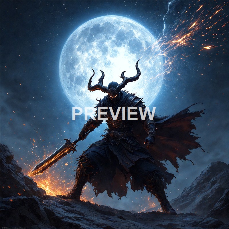 A dark, armored warrior with glowing eyes and large, curved horns, wielding a fiery sword, stands on rocky terrain under a bright full moon with lightning streaks in the sky.